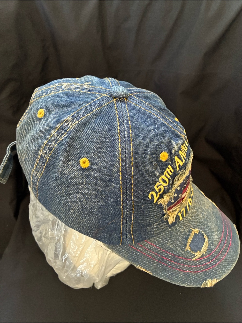 250th Anniversary Distressed Denim Cap with American Flag Patch - Blue - Picture 3 of 6